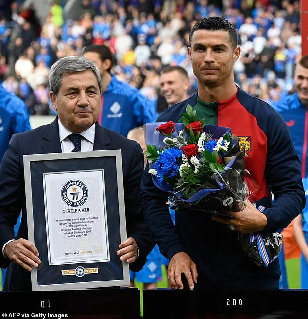 Cristiano Ronaldo reçoit un certificat Guiness World Records pour avoir atteint le plus grand nombre de sélections internationales