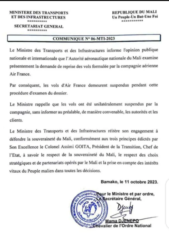 Mali : Le régime au pouvoir maintient la suspension de Air France