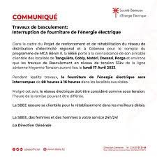 Bénin : La SBEE annonce l’interruption de la fourniture de l’énergie électrique dans plusieurs localités demain